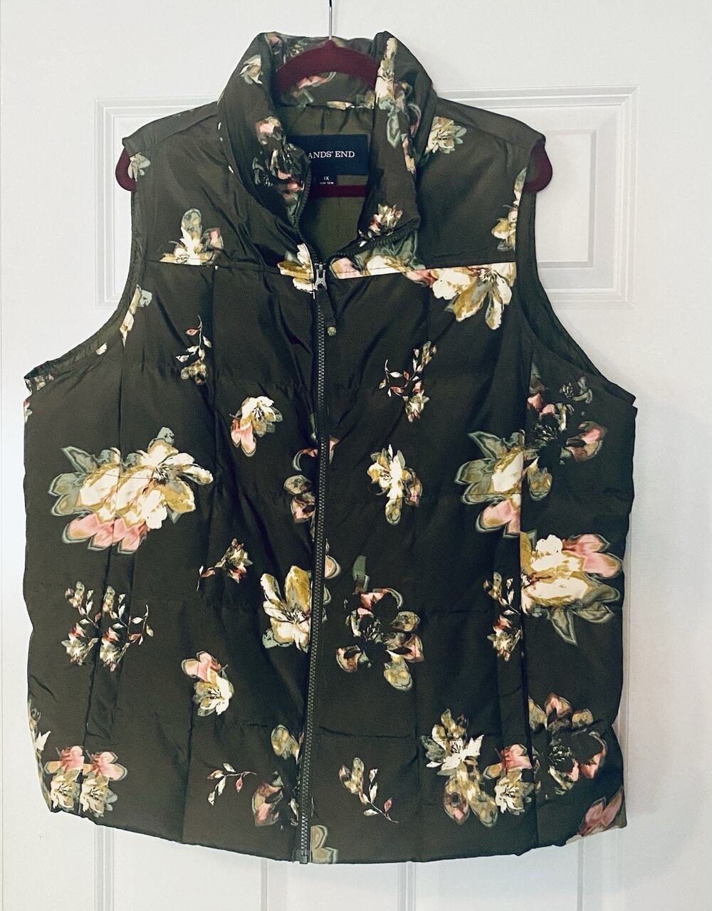 Lands End Womens 1X Down Puffer Vest Women Green Pink Floral 16W - 18W Comfy